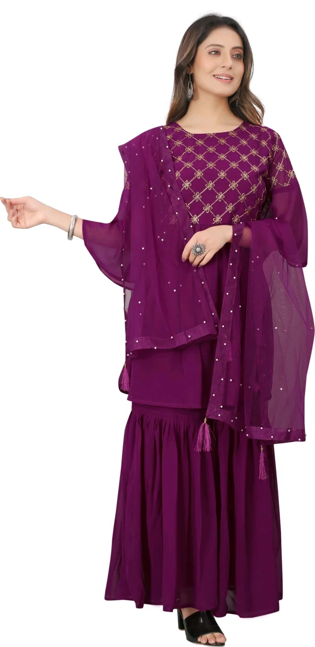 Women Georgette Kurti Sharara Dupatta Set - Plum, XS