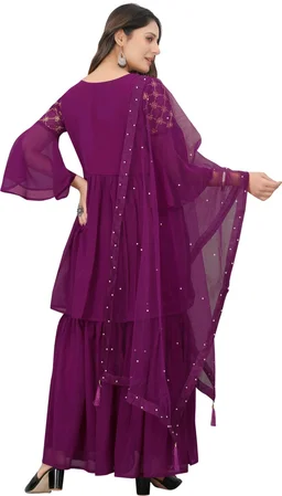 Women Georgette Kurti Sharara Dupatta Set - Plum, XS