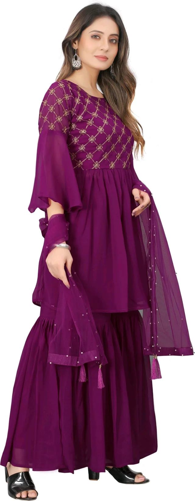 Women Georgette Kurti Sharara Dupatta Set - Plum, XS