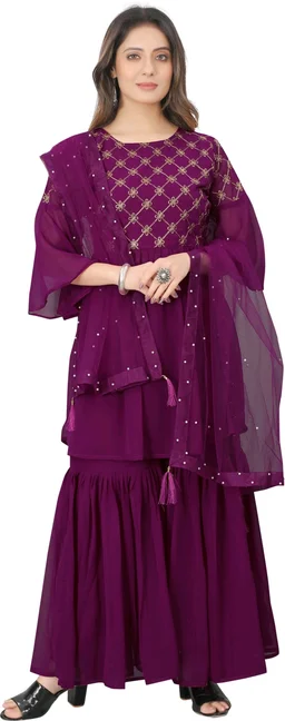 Women Georgette Kurti Sharara Dupatta Set - Plum, XS