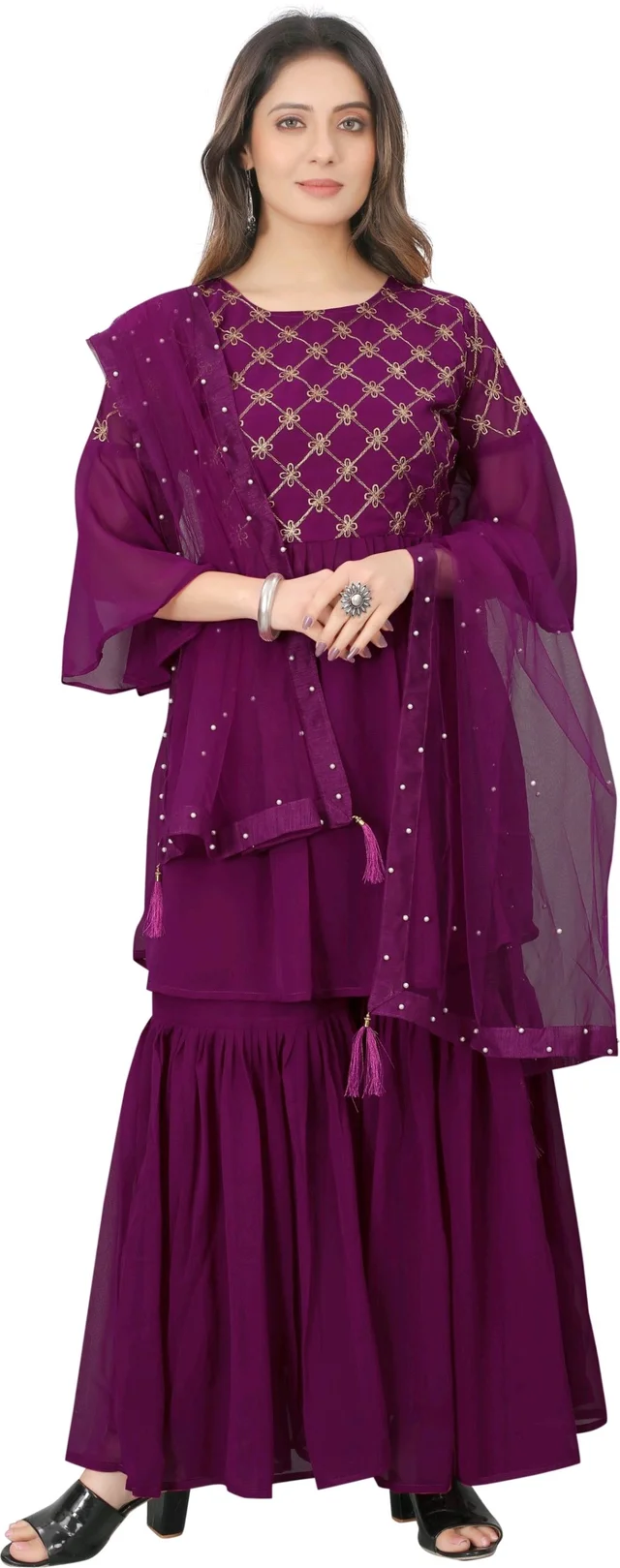 Women Georgette Kurti Sharara Dupatta Set - Plum, XS