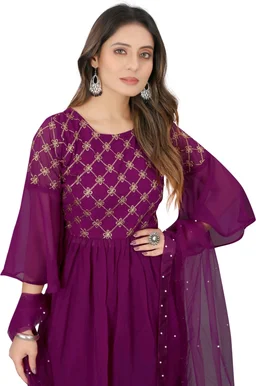 Women Georgette Kurti Sharara Dupatta Set - Plum, XS