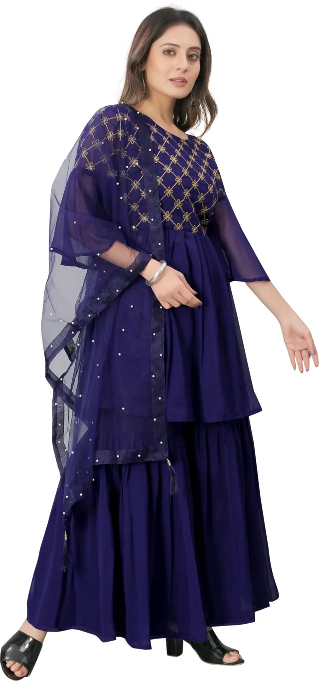 Women Georgette Kurti Sharara Dupatta Set - Port Gore, 2XL
