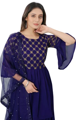 Women Georgette Kurti Sharara Dupatta Set - Port Gore, 2XL