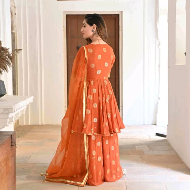 Women Viscose Rayon Kurta. Sharara Dupatta Set - Flamingo, 5XL