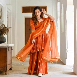 Women Viscose Rayon Kurta. Sharara Dupatta Set - Flamingo, 5XL