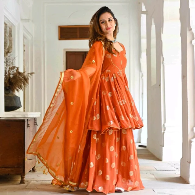 Women Viscose Rayon Kurta. Sharara Dupatta Set - Flamingo, 5XL