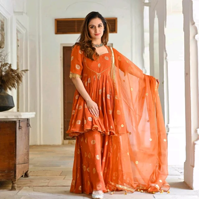 Women Viscose Rayon Kurta. Sharara Dupatta Set - Flamingo, 5XL
