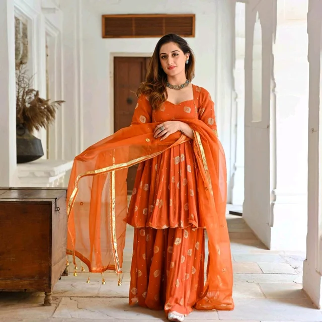 Women Viscose Rayon Kurta. Sharara Dupatta Set - Flamingo, 5XL