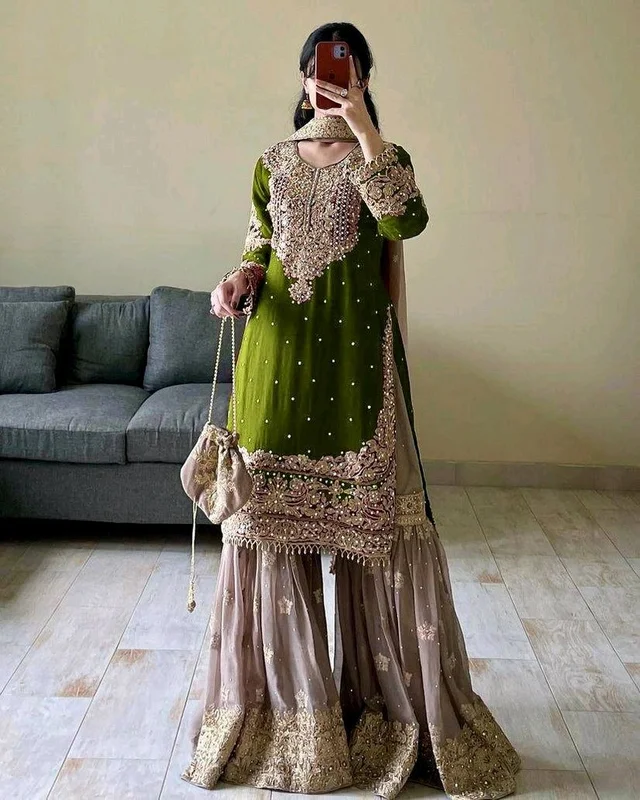 Real Mirror and Codding Siqunce Embroidery Kurti Embroidered Kurta, Sharara & Dupatta Set - Trendy Green, Free Size