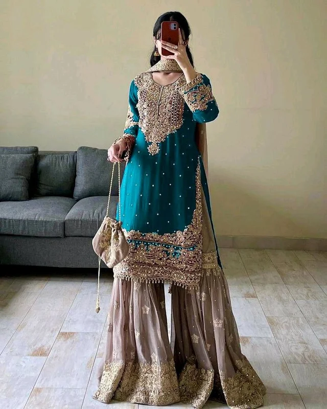 Real Mirror and Codding Siqunce Embroidery Kurti Embroidered Kurta, Sharara & Dupatta Set - Daintree, M