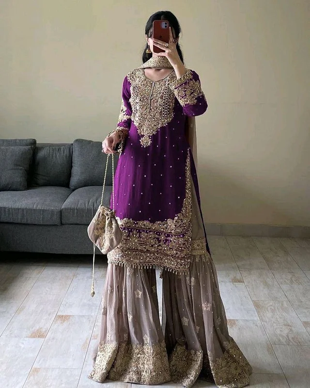 Real Mirror and Codding Siqunce Embroidery Kurti Embroidered Kurta, Sharara & Dupatta Set - Bossanova, M