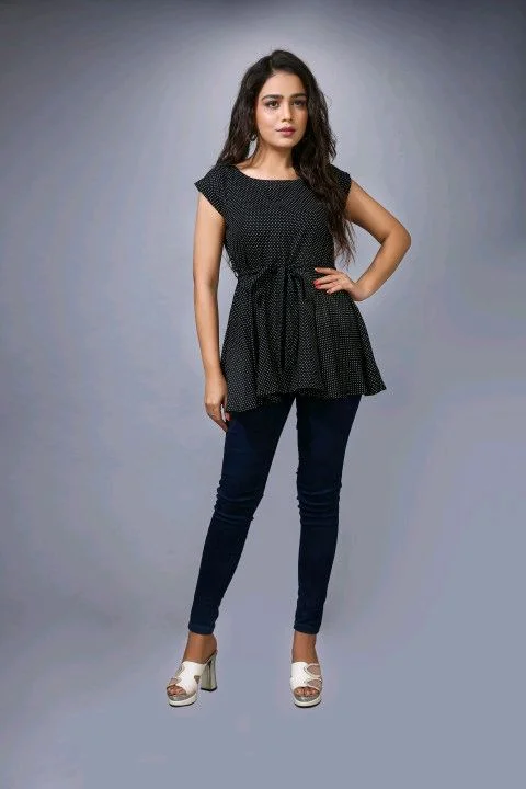 Printed Rayon Western Top for Woman | Tops for Girls | Regular Sleeve - Black, M