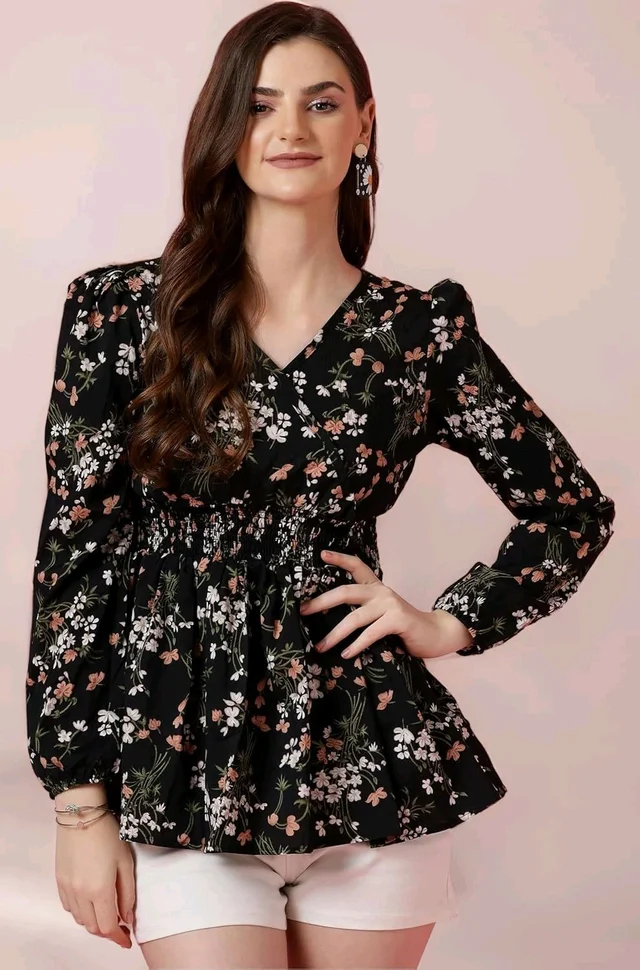 Women's Casual Puff Sleeves Floral Print Peplum Top - Black, L