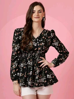 Women's Casual Puff Sleeves Floral Print Peplum Top - Black, L