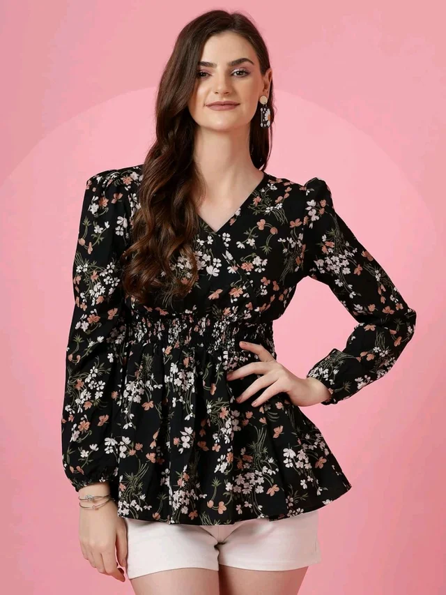 Women's Casual Puff Sleeves Floral Print Peplum Top - Black, L
