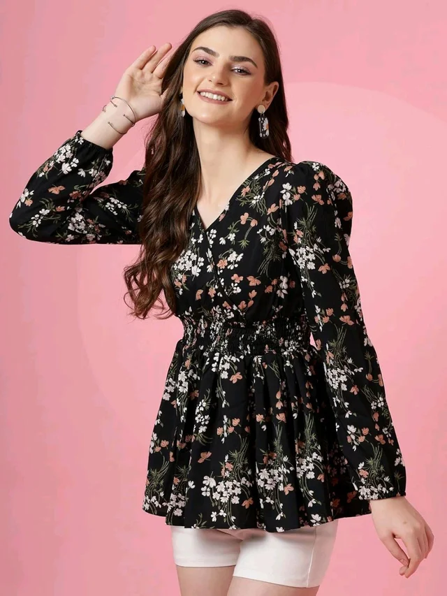 Women's Casual Puff Sleeves Floral Print Peplum Top - Black, L