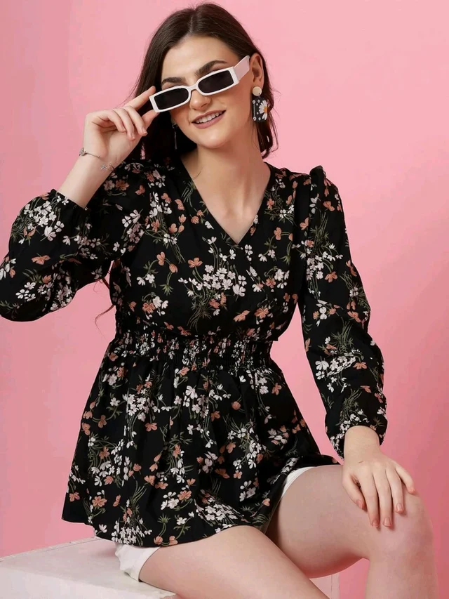 Women's Casual Puff Sleeves Floral Print Peplum Top - Black, L