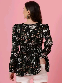 Women's Casual Puff Sleeves Floral Print Peplum Top - Black, L