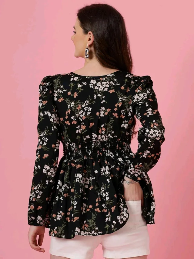 Women's Casual Puff Sleeves Floral Print Peplum Top - Black, L