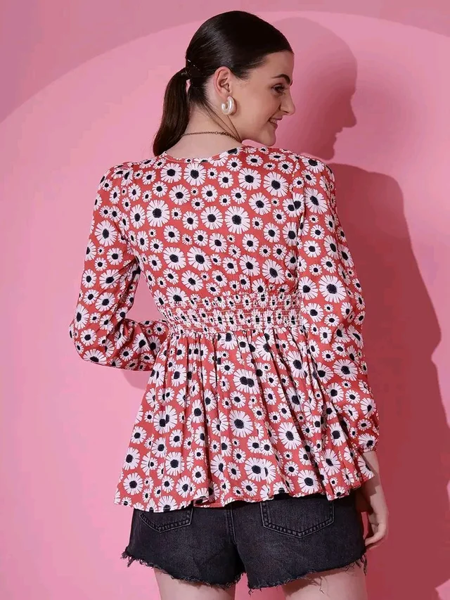 Women's Casual Puff Sleeves Floral Print Peplum Top - Mandy, L