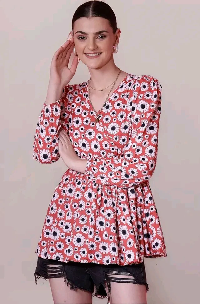 Women's Casual Puff Sleeves Floral Print Peplum Top - Mandy, L