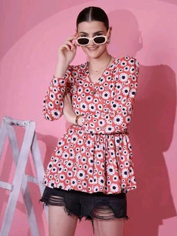 Women's Casual Puff Sleeves Floral Print Peplum Top - Mandy, L