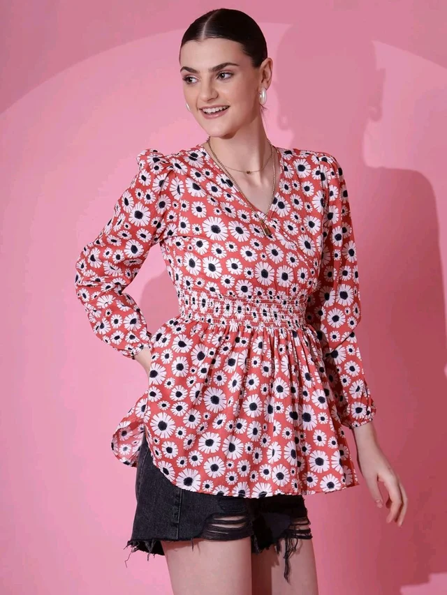 Women's Casual Puff Sleeves Floral Print Peplum Top - Mandy, XL