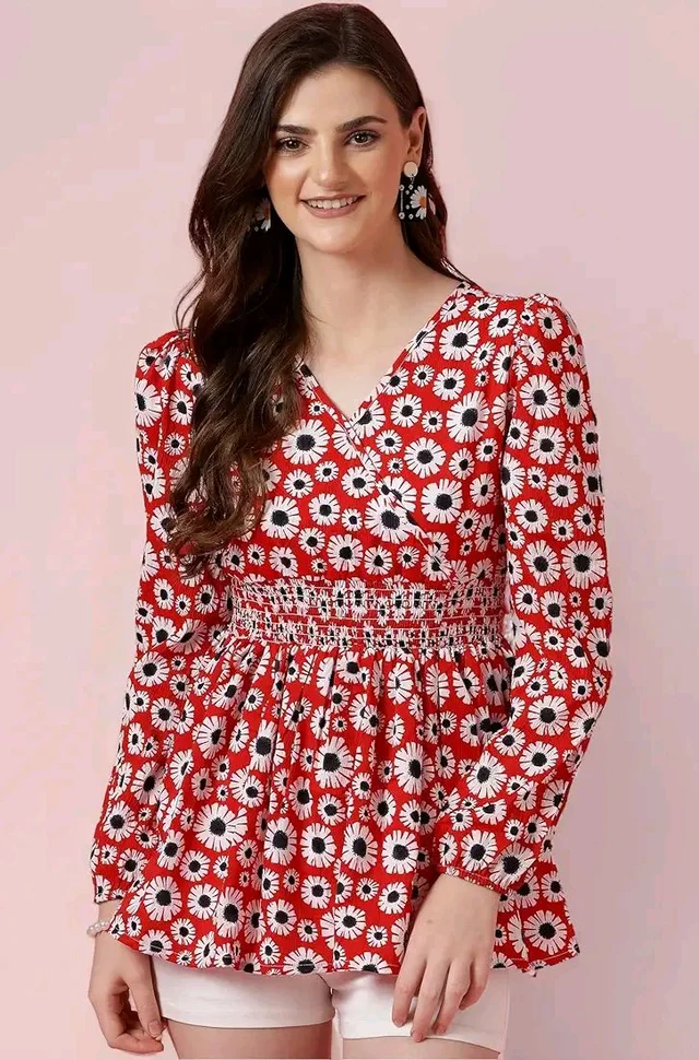 Women's Casual Puff Sleeves Floral Print Peplum Top - Thunderbird, S