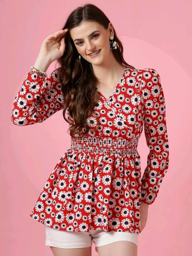 Women's Casual Puff Sleeves Floral Print Peplum Top - Thunderbird, XL