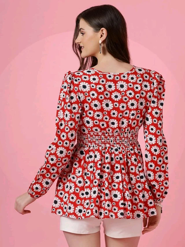 Women's Casual Puff Sleeves Floral Print Peplum Top - Thunderbird, XS