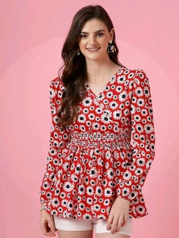 Women's Casual Puff Sleeves Floral Print Peplum Top - Thunderbird, XS