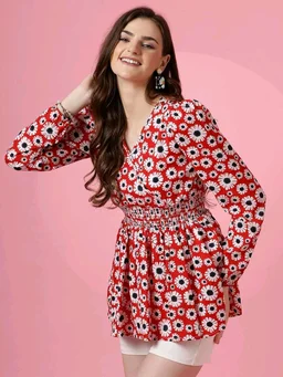 Women's Casual Puff Sleeves Floral Print Peplum Top - Thunderbird, XS