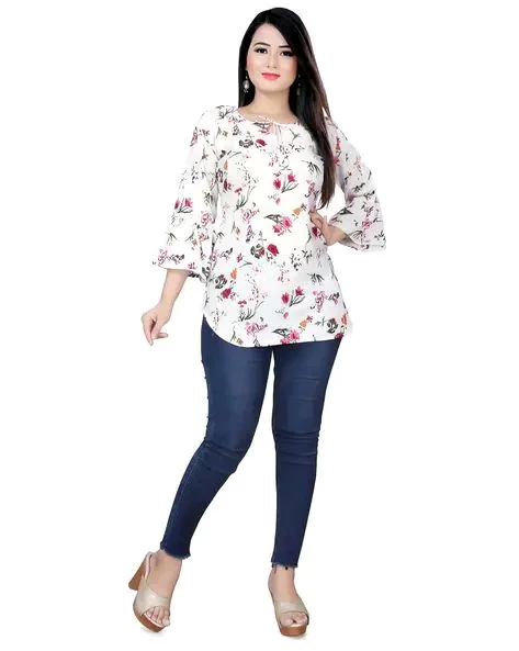 Casual Printed Women Blue Top - off white, L