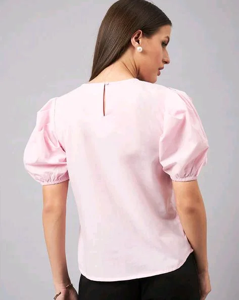 women Pink Round Neck Puff Sleeves Smart Top - Vanilla Ice, M