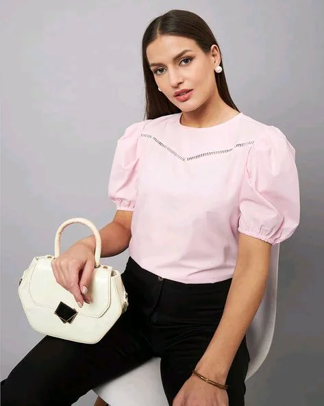 women Pink Round Neck Puff Sleeves Smart Top - Vanilla Ice, M