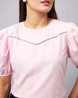 women Pink Round Neck Puff Sleeves Smart Top - Vanilla Ice, M
