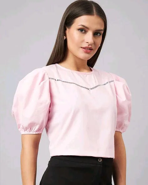women Pink Round Neck Puff Sleeves Smart Top - Vanilla Ice, XS