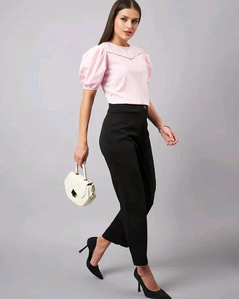 women Pink Round Neck Puff Sleeves Smart Top - Vanilla Ice, XS