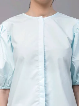 women Pink Round Neck Puff Sleeves Smart Top - Geyser, L