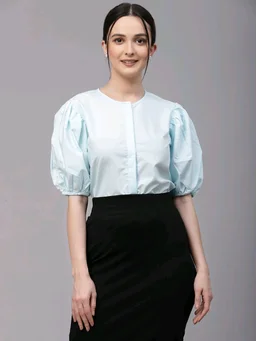 women Pink Round Neck Puff Sleeves Smart Top - Geyser, XXS