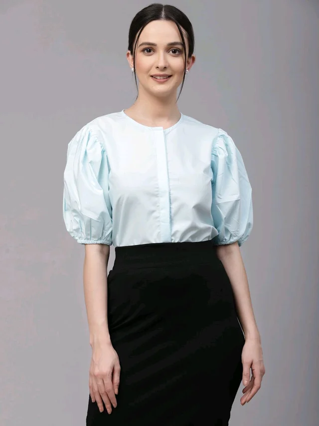 women Pink Round Neck Puff Sleeves Smart Top - Geyser, XXS