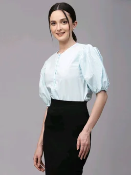 women Pink Round Neck Puff Sleeves Smart Top - Geyser, XXS