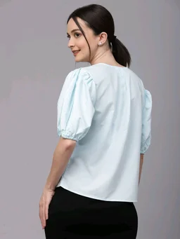 women Pink Round Neck Puff Sleeves Smart Top - Geyser, XXS
