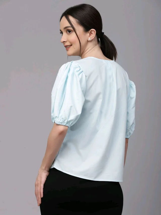 women Pink Round Neck Puff Sleeves Smart Top - Geyser, XXS