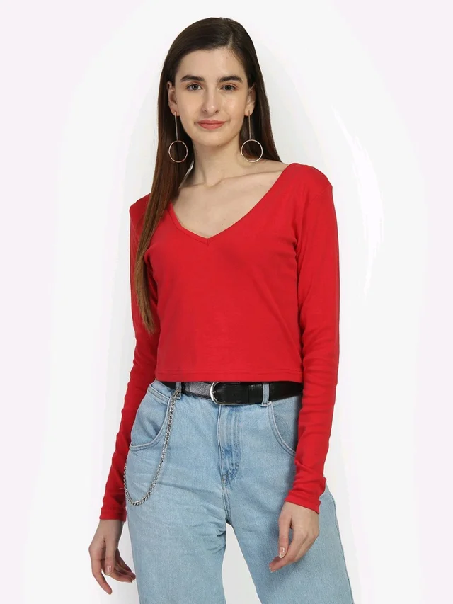 Casual Wear Full Sleeve Regular Fit Top for Women, Top for Girls Free Size (Bust 28-32,Length-18, Brown) - Red, XL