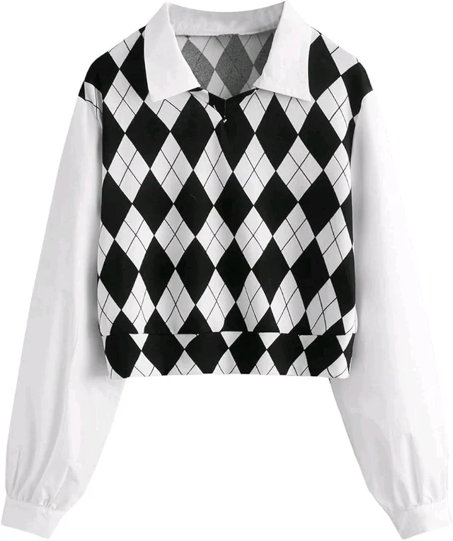 Women's Long Sleeve Crop Top Argyle Print Contrast Collar Blouse Shirt - White, S