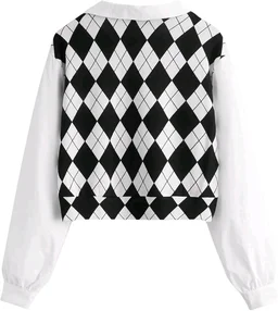 Women's Long Sleeve Crop Top Argyle Print Contrast Collar Blouse Shirt - White, S