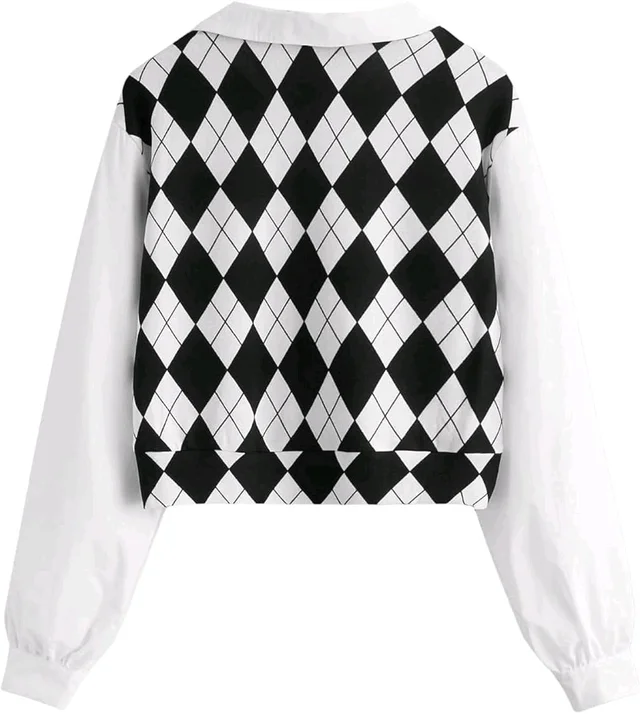 Women's Long Sleeve Crop Top Argyle Print Contrast Collar Blouse Shirt - White, S
