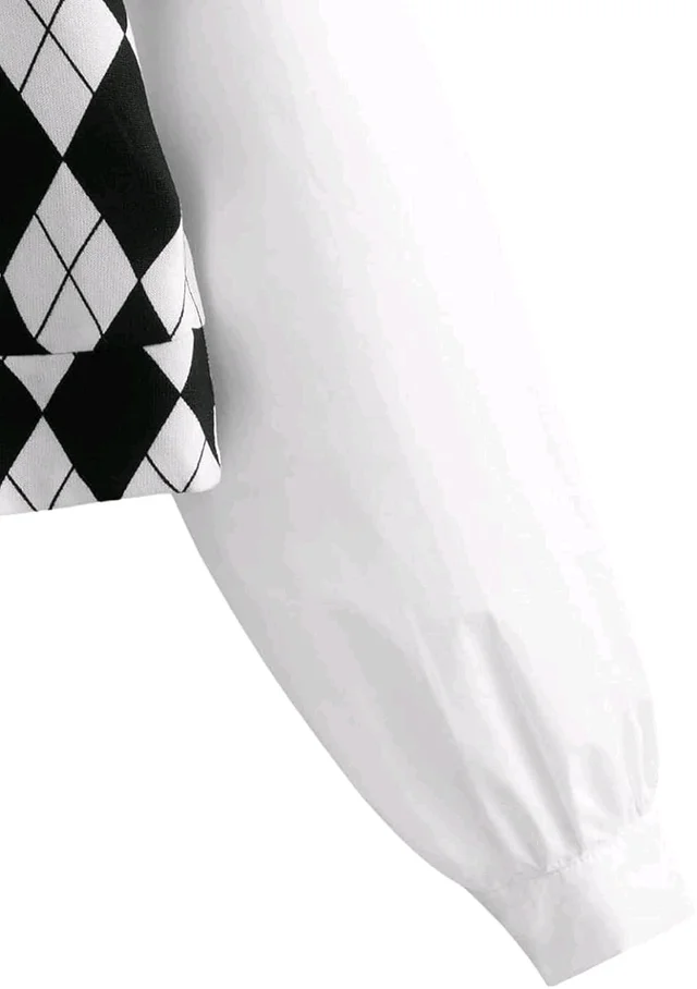 Women's Long Sleeve Crop Top Argyle Print Contrast Collar Blouse Shirt - White, S